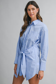 Striped Button Down Shirt Dress With Front Wrap Style Skirt
