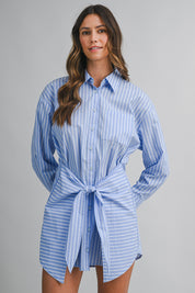 Striped Button Down Shirt Dress With Front Wrap Style Skirt