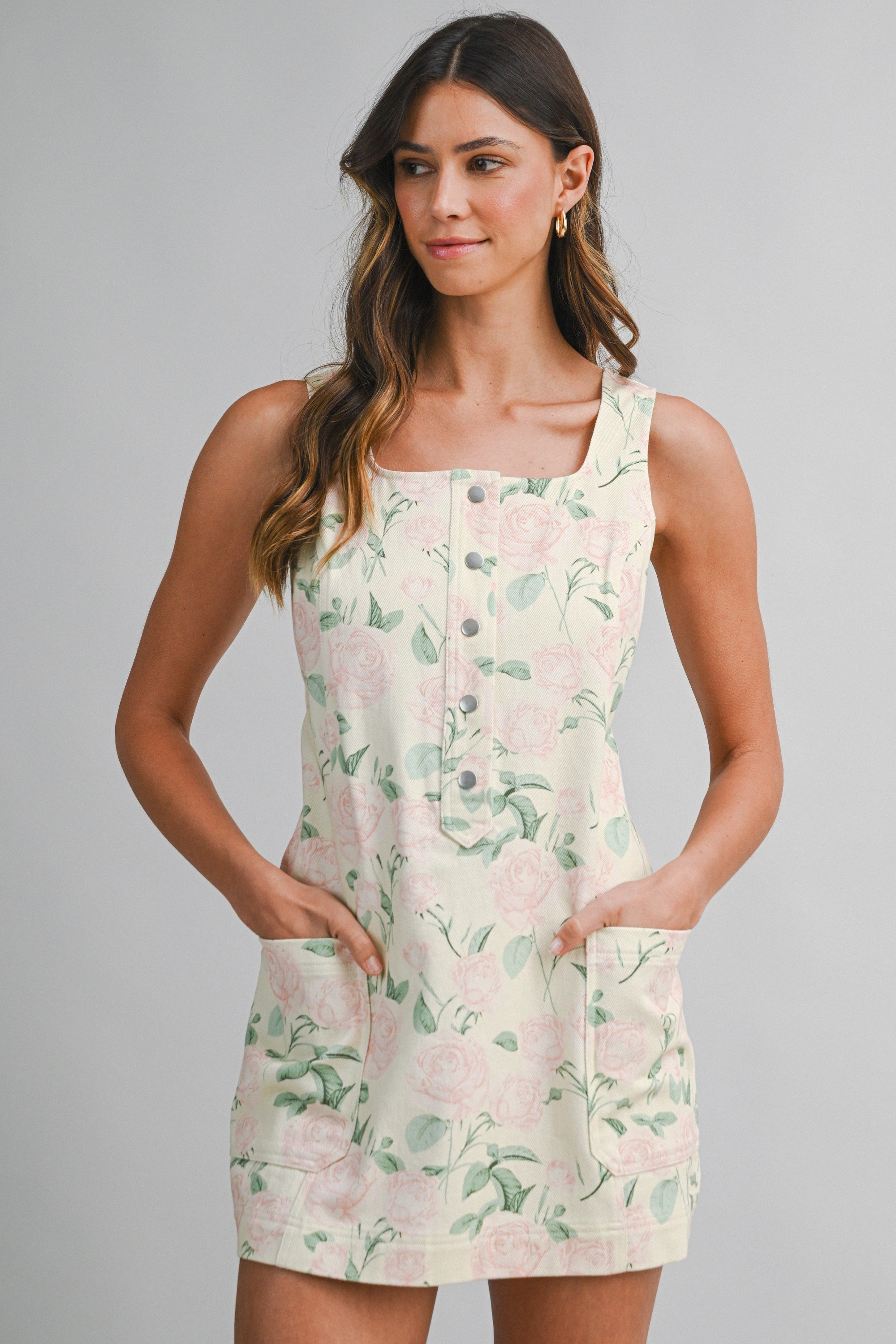 Floral Print Sleeveless Square Neckline Mini Dress
