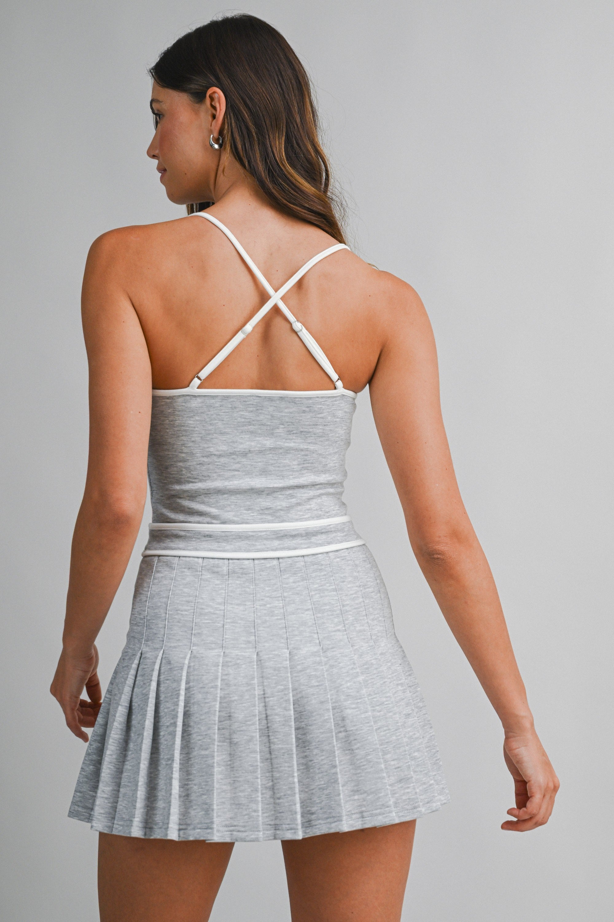 Grey Scuba Contrast Trim Strappy Pleated Skort Dress
