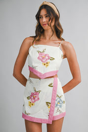 Floral Print Back Bow Tie Crop Top And Skort Set