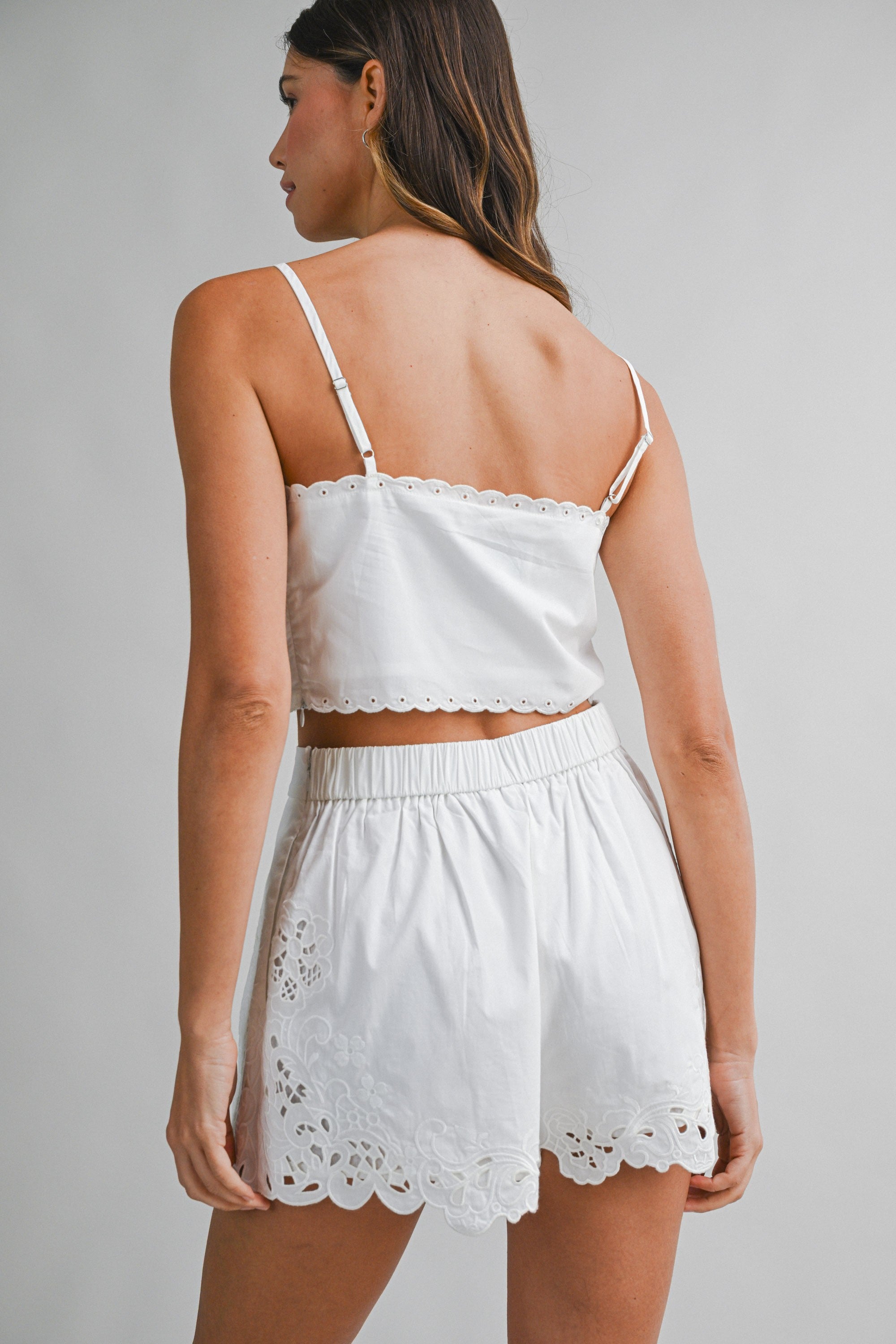 Poplin Embroidered Scalloped Cami Top And Shorts Set