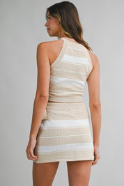 Halter Neck Striped Knit Cropped Top And Wrap Mini Skirt Set