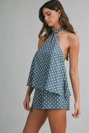 Polka Dot Halter Neck Open Back Self Tie Top And Shorts Set