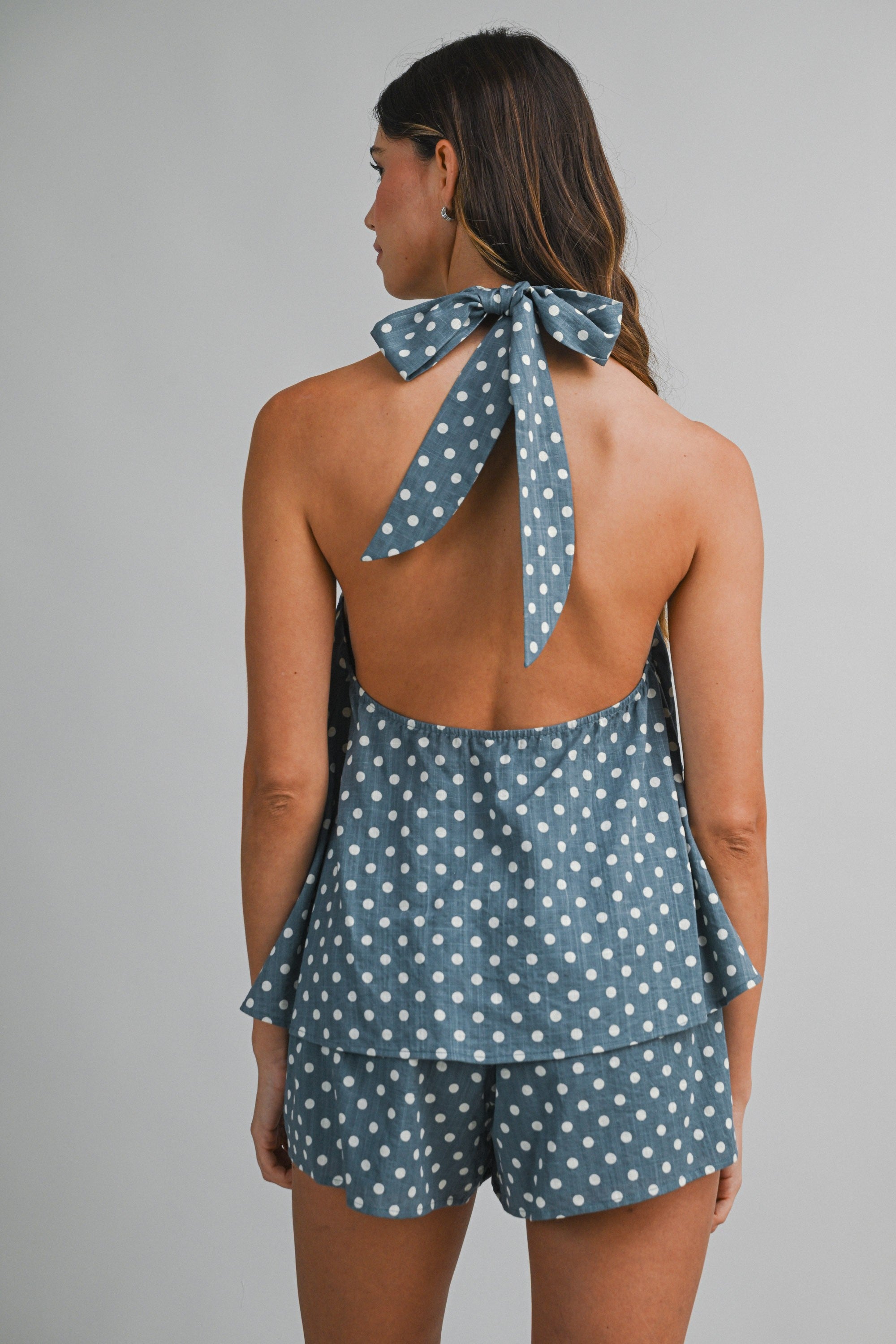 Polka Dot Halter Neck Open Back Self Tie Top And Shorts Set