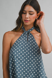 Polka Dot Halter Neck Open Back Self Tie Top And Shorts Set
