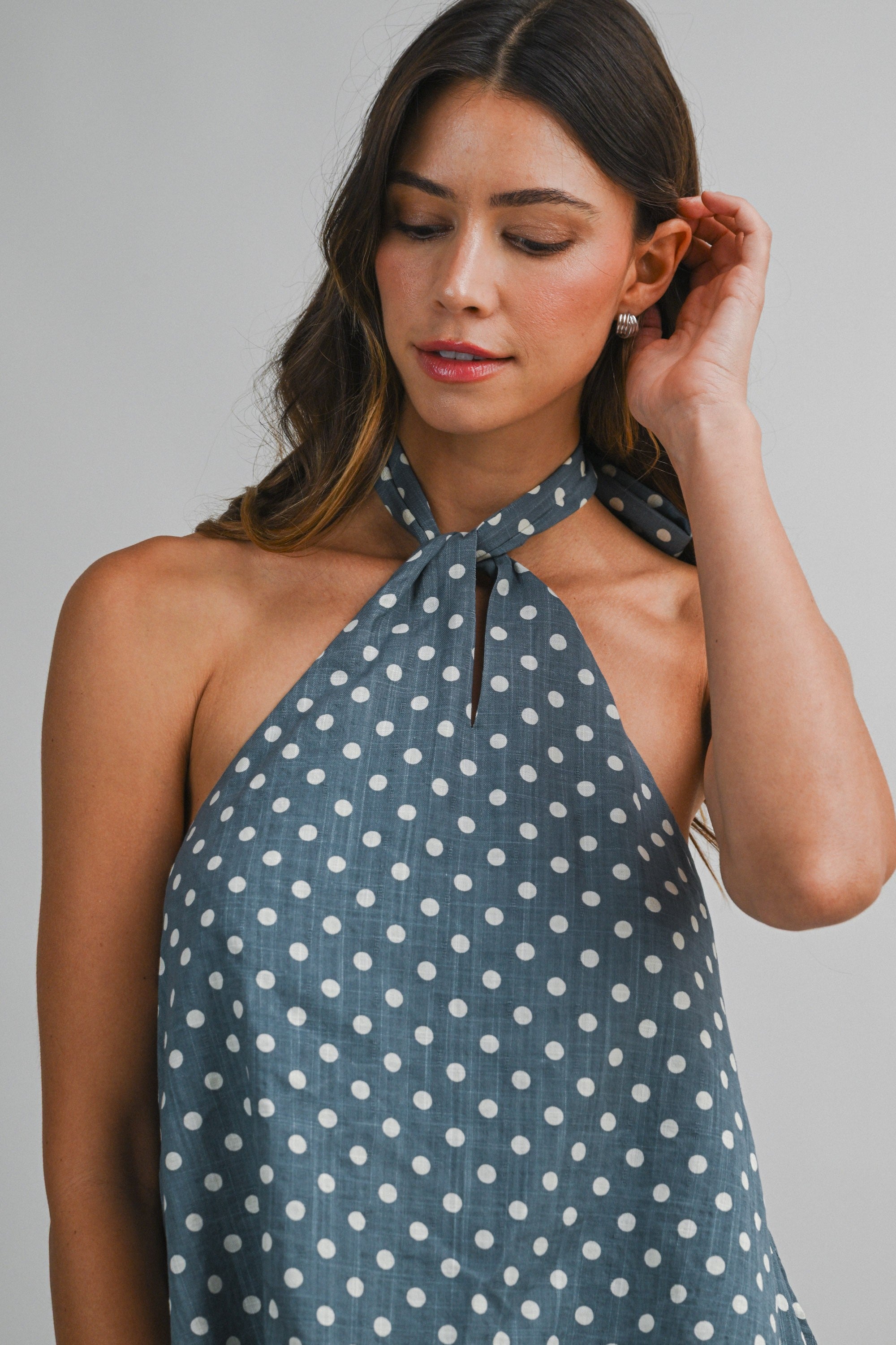 Polka Dot Halter Neck Open Back Self Tie Top And Shorts Set