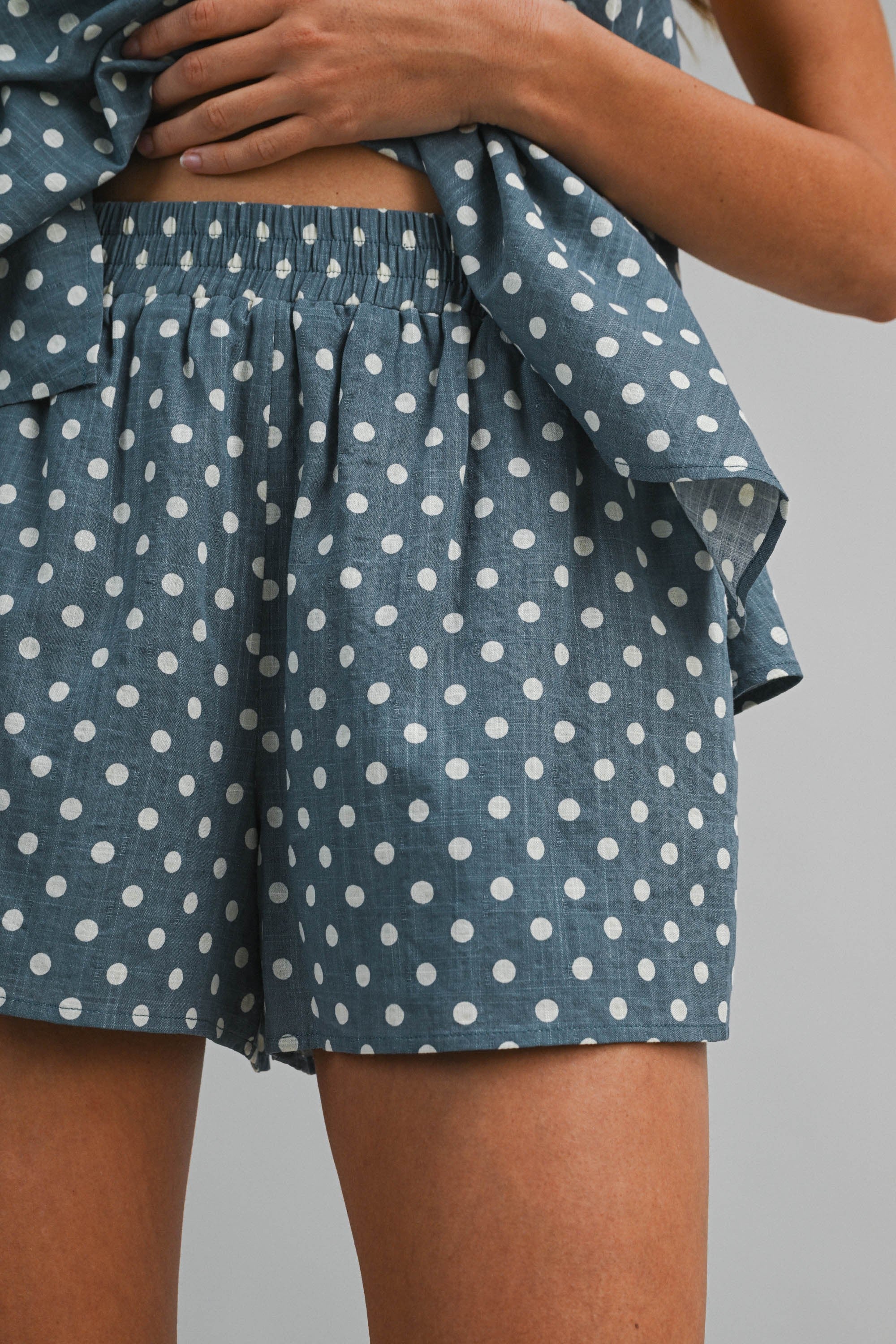 Polka Dot Halter Neck Open Back Self Tie Top And Shorts Set