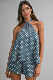 Polka Dot Halter Neck Open Back Self Tie Top And Shorts Set