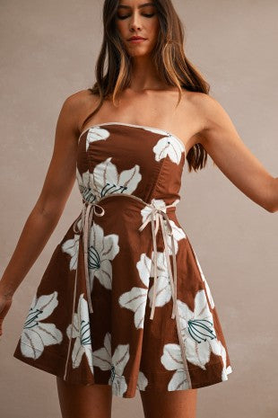 Floral Print Strapless Contrast Piping Detail Mini Dress