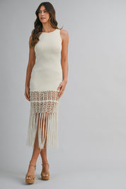 Crochet Fringe Hem Knit Midi Dress