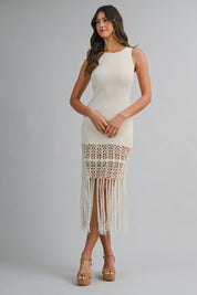 Crochet Fringe Hem Knit Midi Dress
