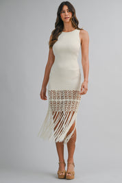 Crochet Fringe Hem Knit Midi Dress