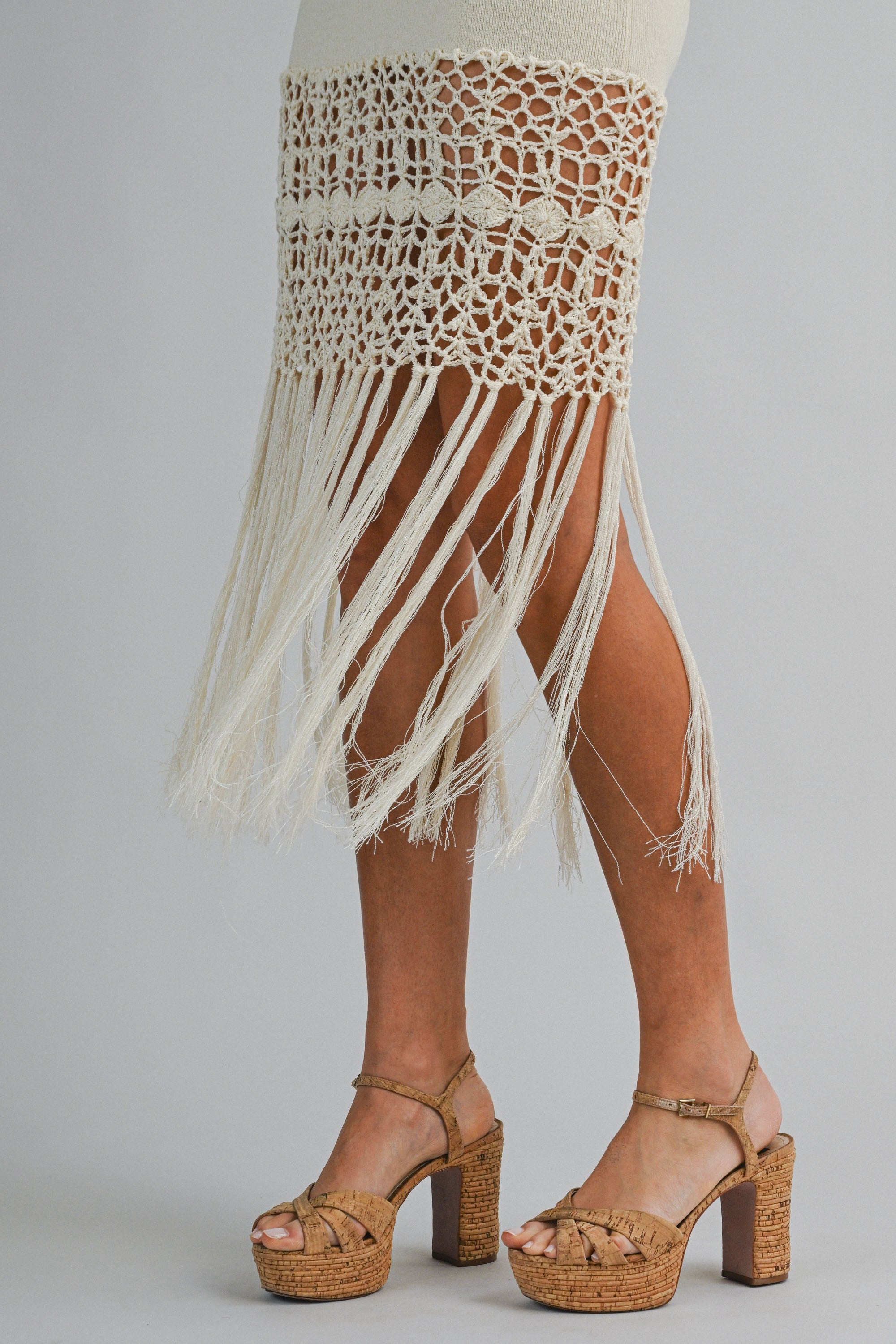 Crochet Fringe Hem Knit Midi Dress