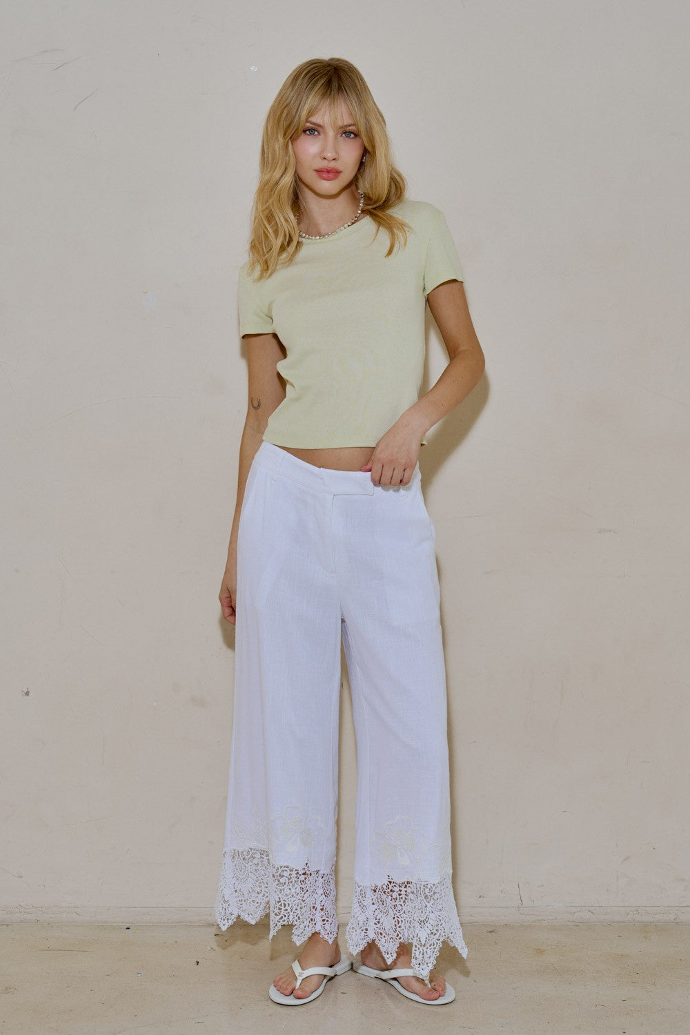 Woven Linen Embroidery Trim Pants