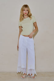 Woven Linen Embroidery Trim Pants
