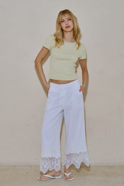 Woven Linen Embroidery Trim Pants