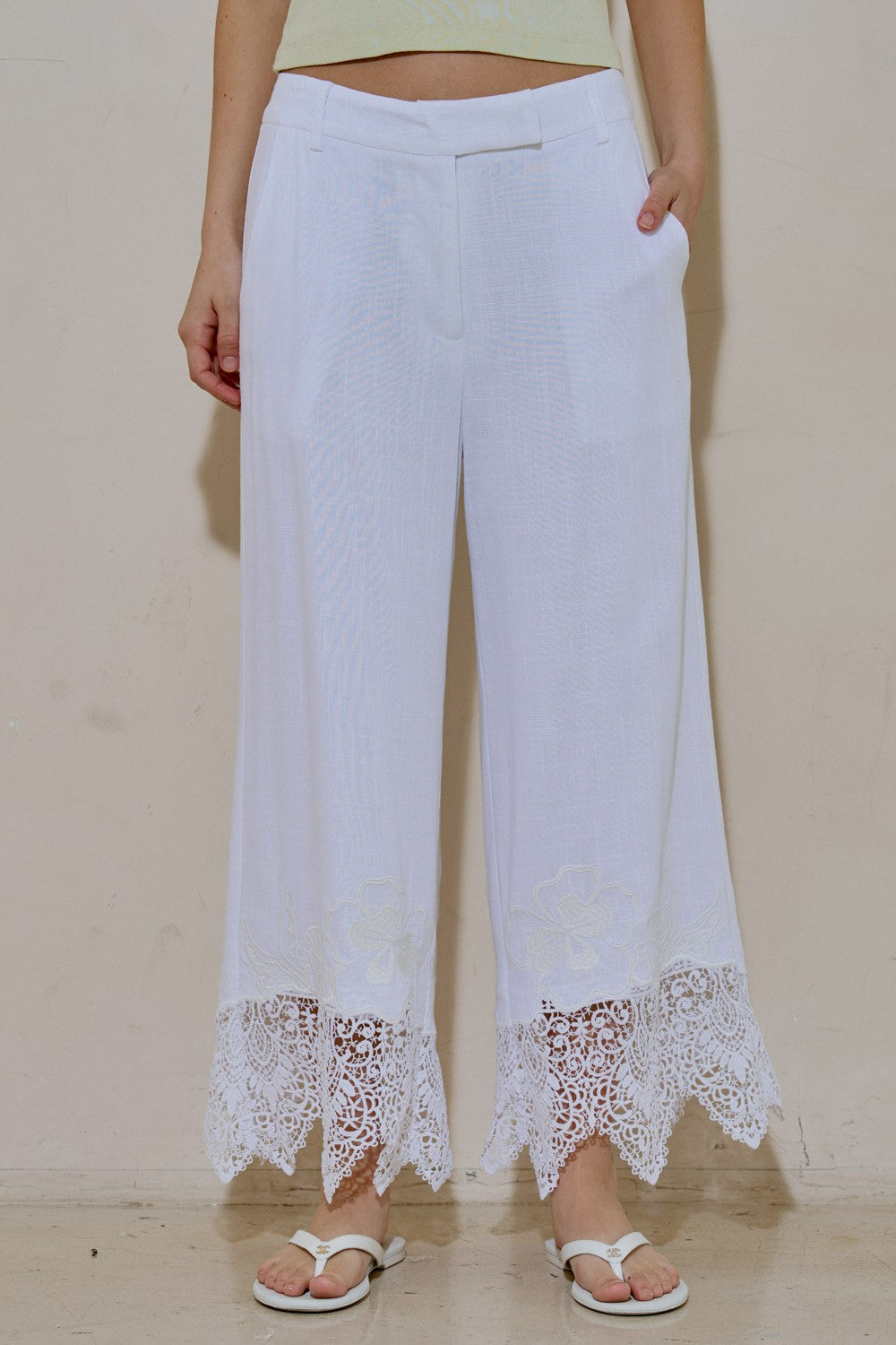 Woven Linen Embroidery Trim Pants