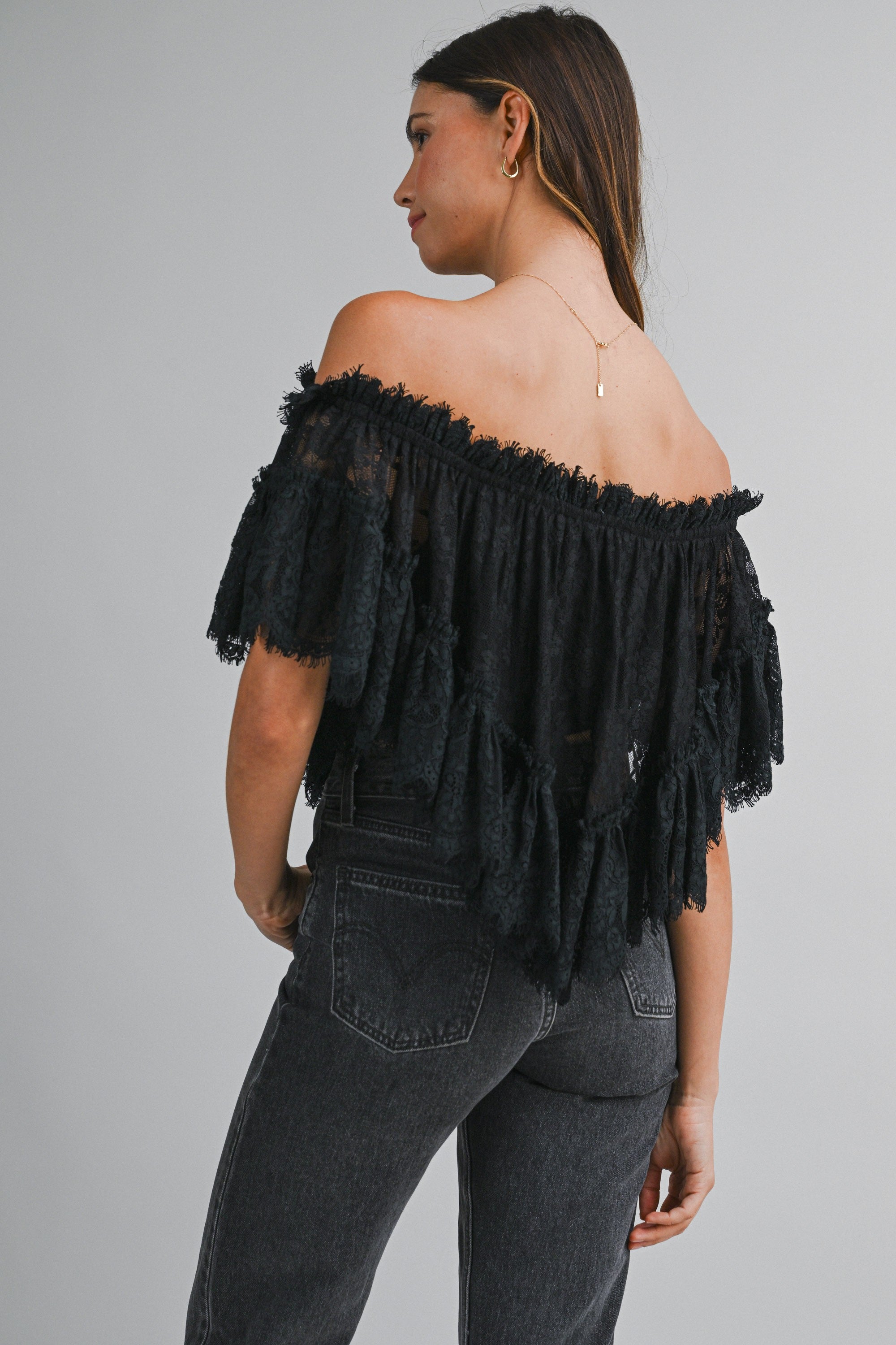 Sheer Lace Off Shoulder Ruffle Neckline Cropped Top