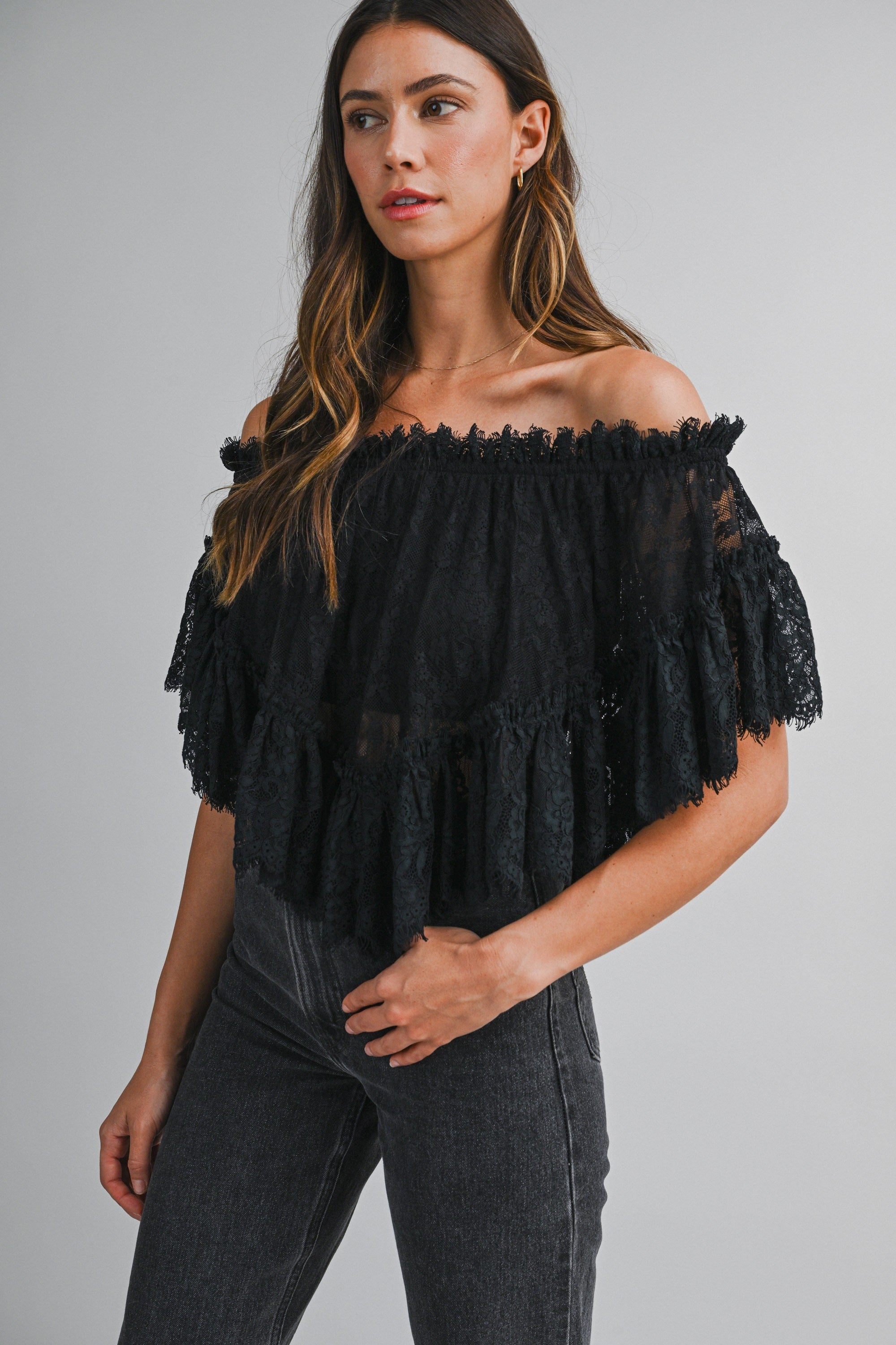 Sheer Lace Off Shoulder Ruffle Neckline Cropped Top