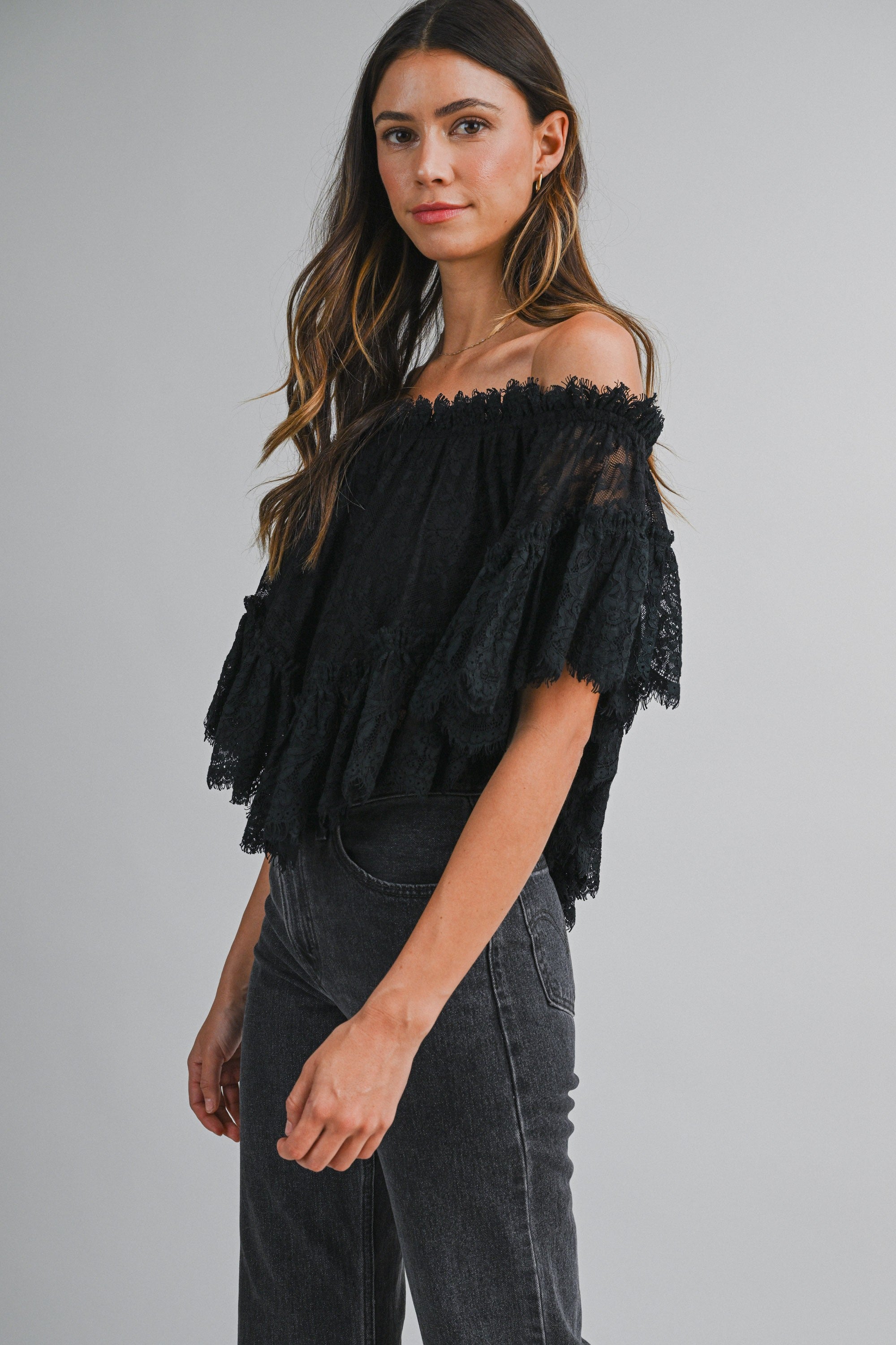 Sheer Lace Off Shoulder Ruffle Neckline Cropped Top