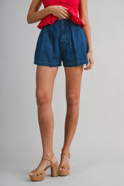 Denim High-waisted Front Pleated Shorts
