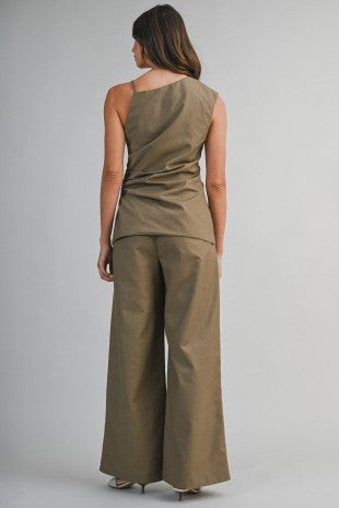 Solid Asymmetrical Side Button Detail Top And Pants Set