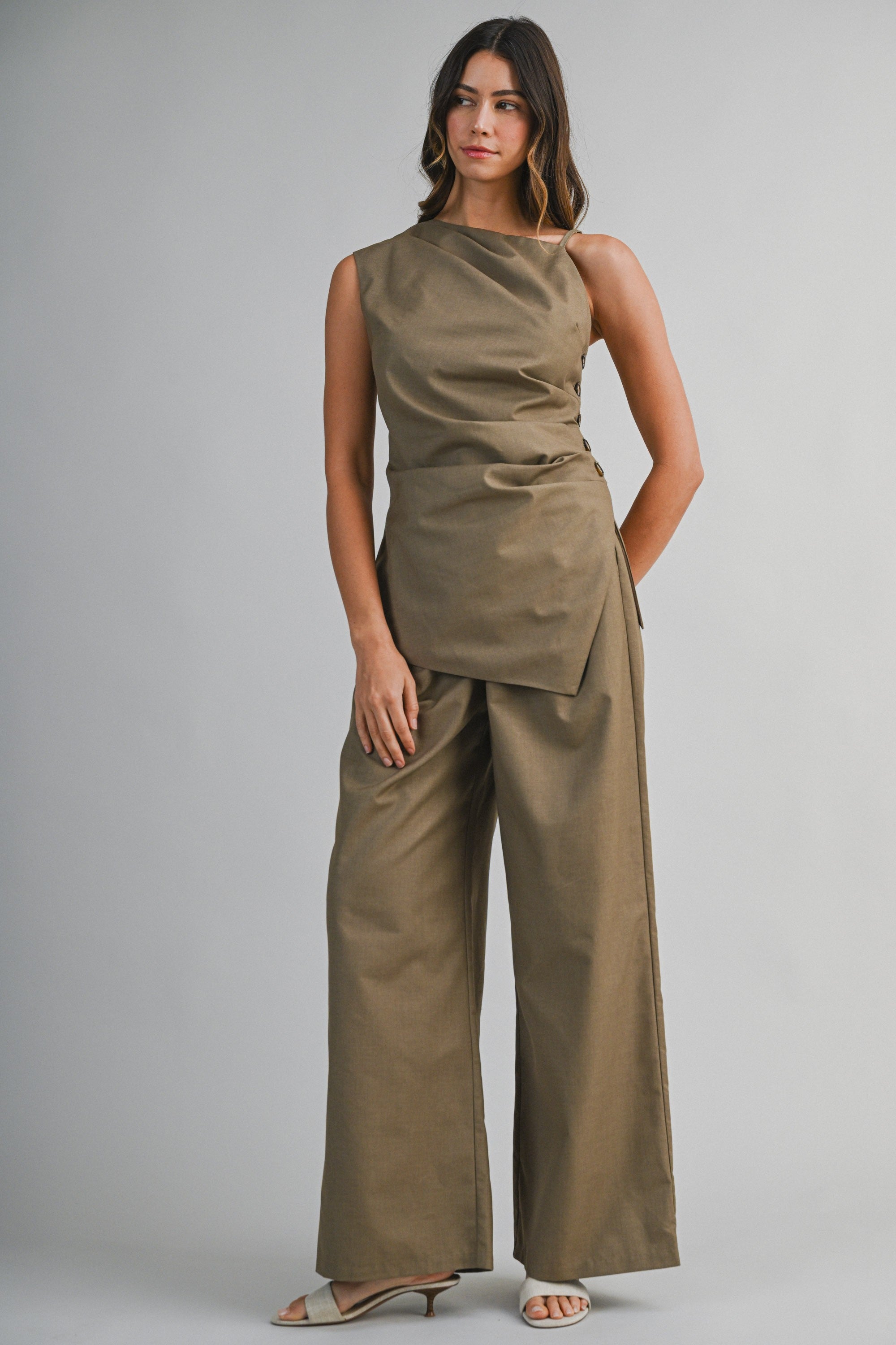 Solid Asymmetrical Side Button Detail Top And Pants Set