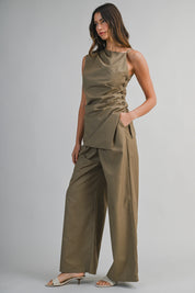 Solid Asymmetrical Side Button Detail Top And Pants Set