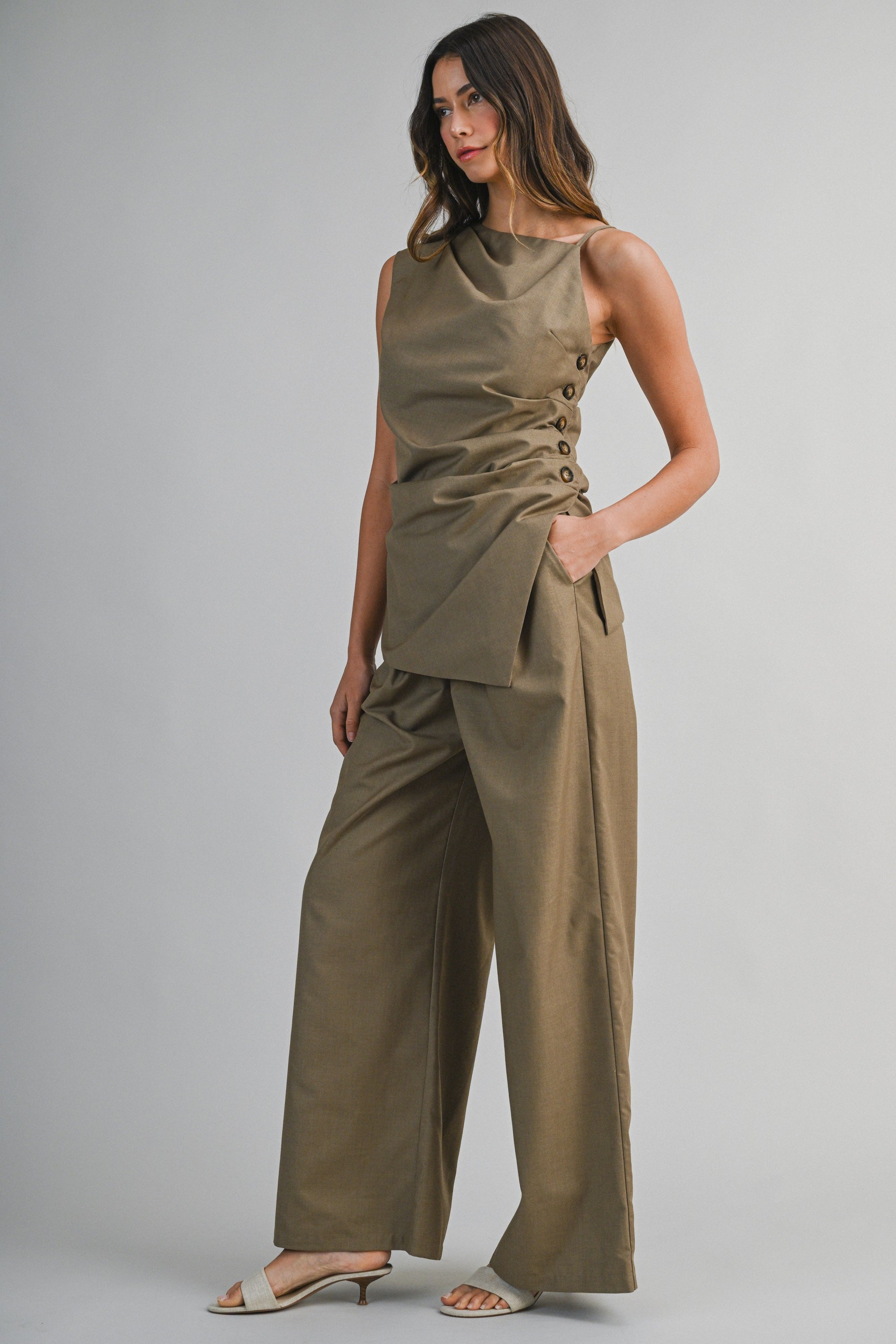 Solid Asymmetrical Side Button Detail Top And Pants Set
