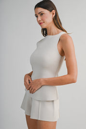 Knit Sleeveless High Neck Top And Shorts Set
