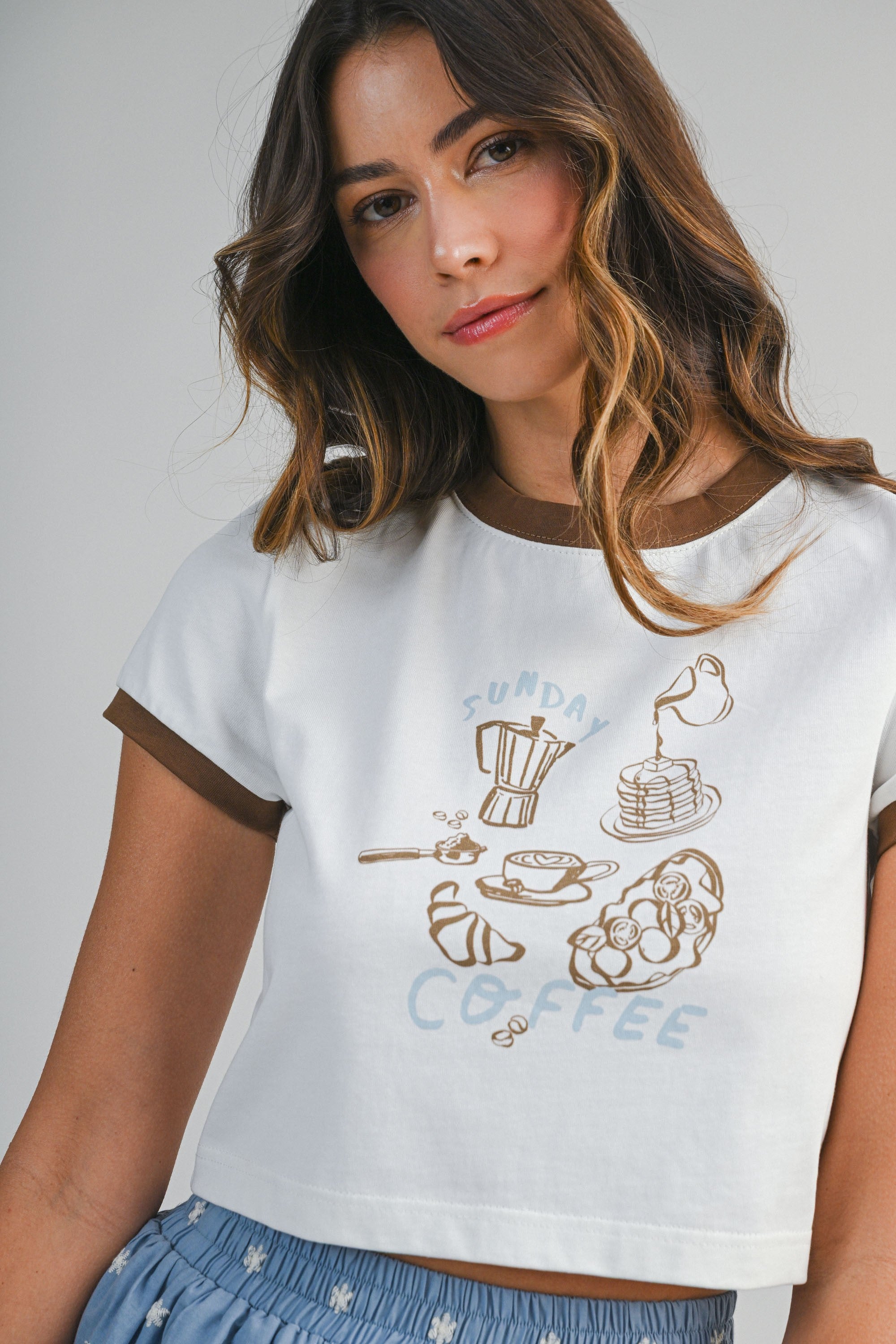 Cotton Short Sleeve Contrast Trim Graphic Cropped T Shirts