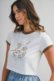 Cotton Short Sleeve Contrast Trim Graphic Cropped T Shirts