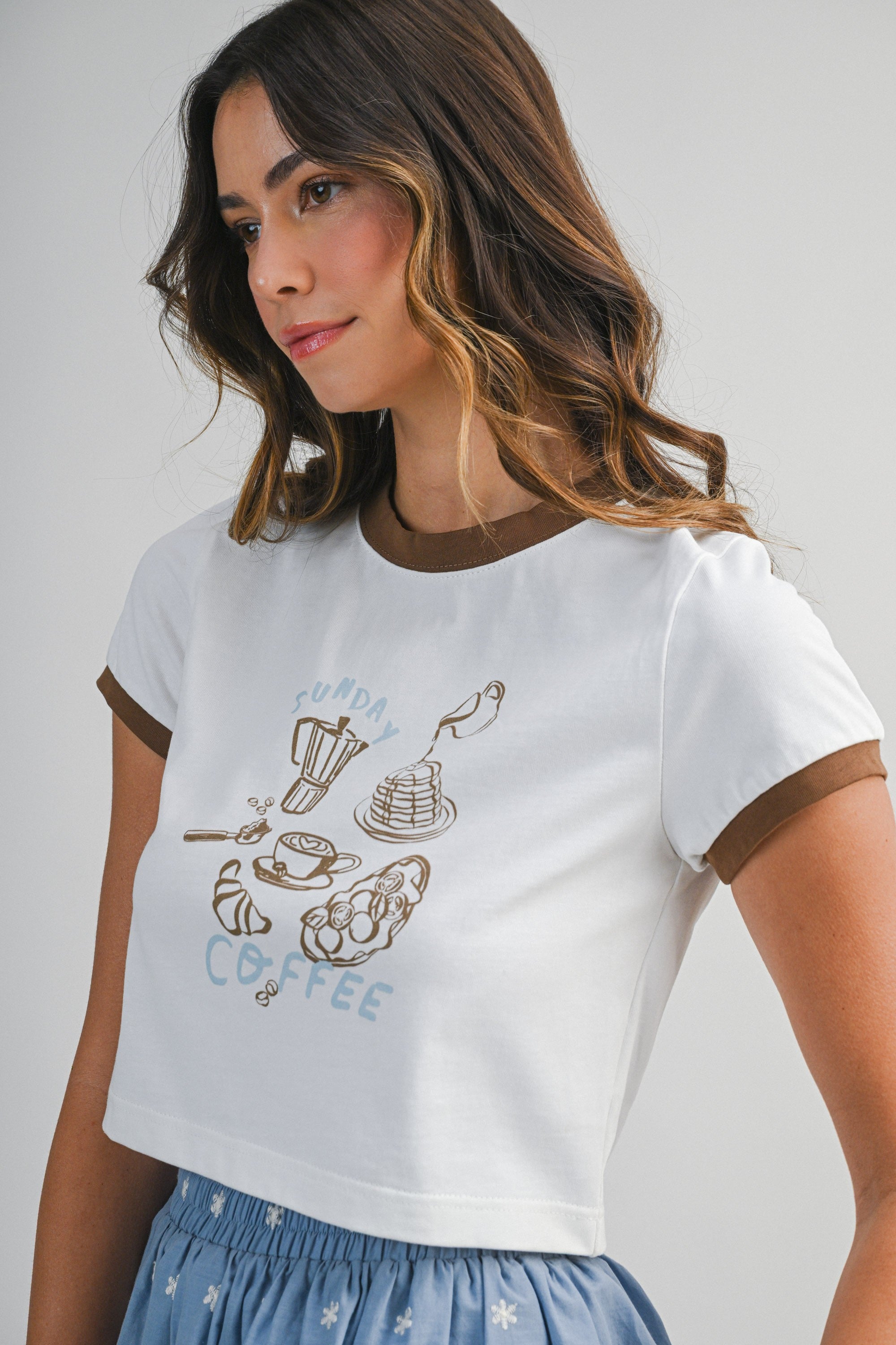 Cotton Short Sleeve Contrast Trim Graphic Cropped T Shirts
