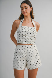 Polka Dot Halter Neck Adjustable Back Tie Top And Shorts Set