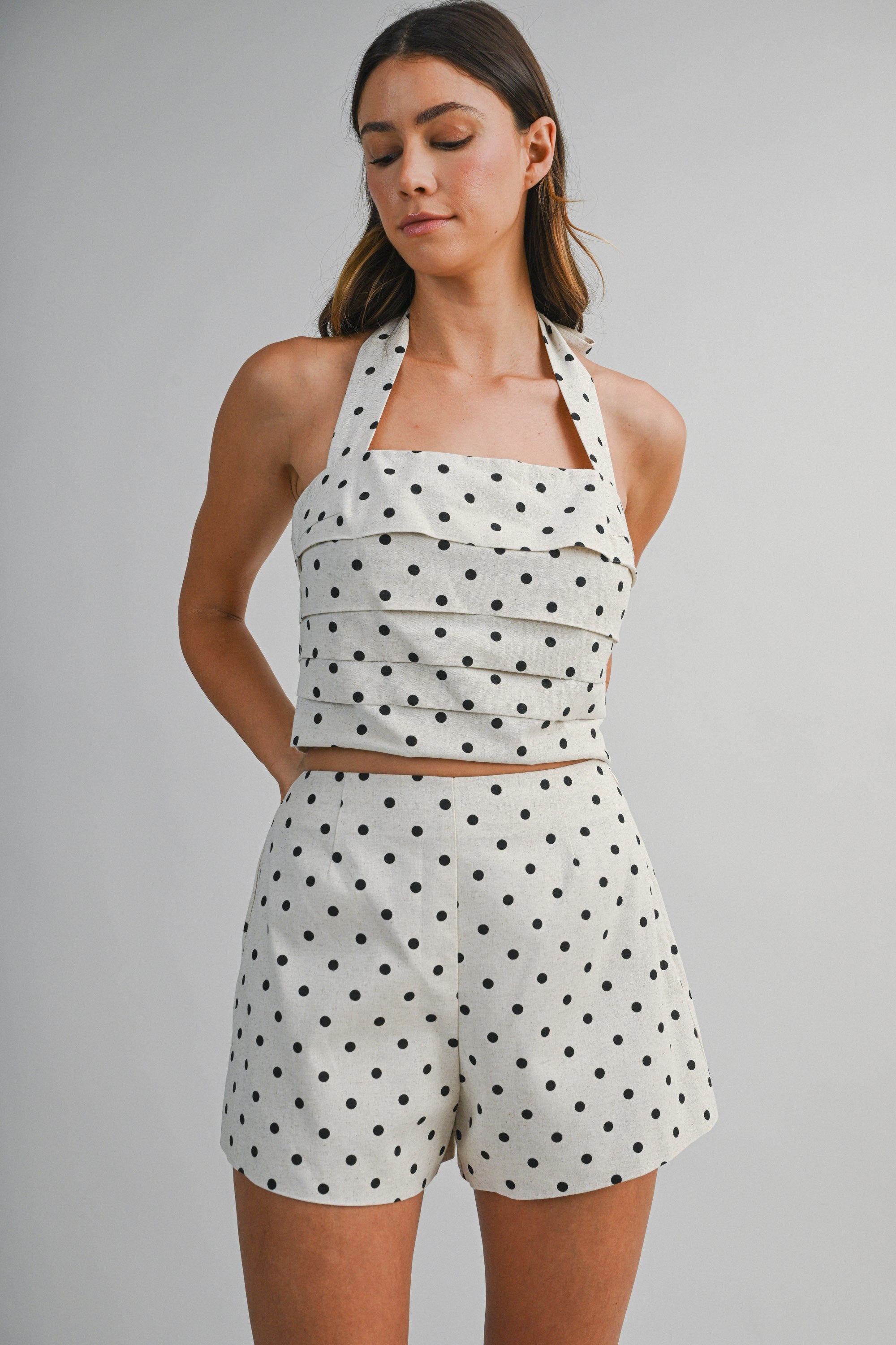 Polka Dot Halter Neck Adjustable Back Tie Top And Shorts Set