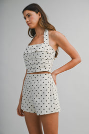 Polka Dot Halter Neck Adjustable Back Tie Top And Shorts Set