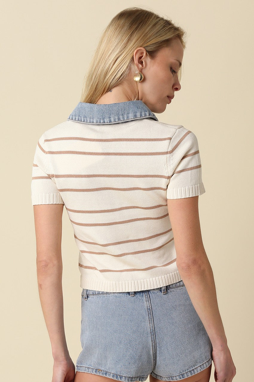 Natural Shyla Striped Contrast Collar Crop Top