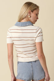 Natural Shyla Striped Contrast Collar Crop Top
