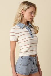 Natural Shyla Striped Contrast Collar Crop Top