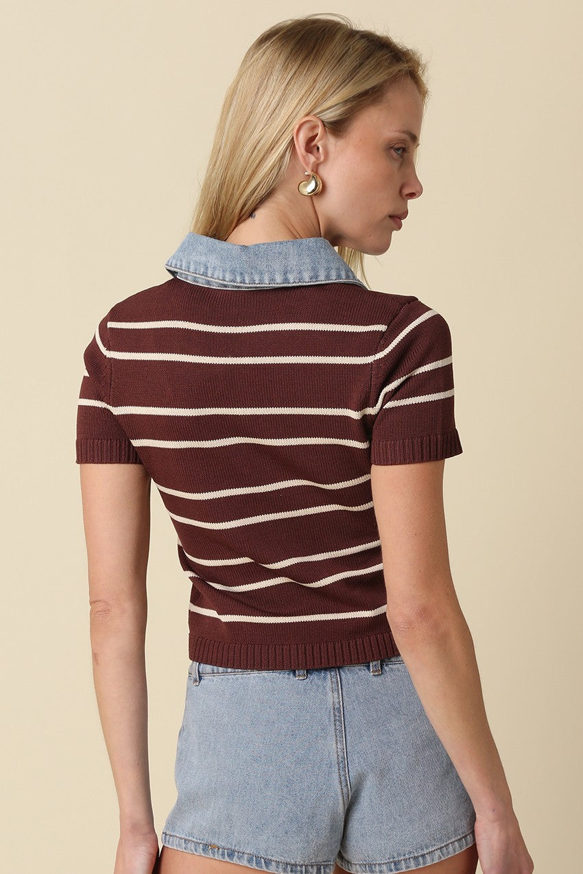 Brown Shyla Striped Contrast Collar Crop Top