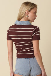 Brown Shyla Striped Contrast Collar Crop Top