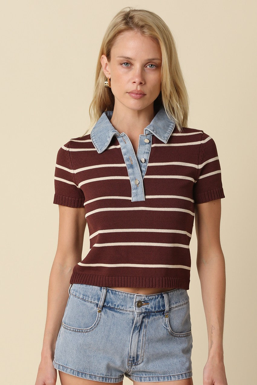 Brown Shyla Striped Contrast Collar Crop Top