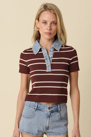 Brown Shyla Striped Contrast Collar Crop Top