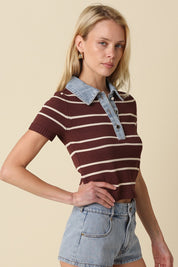 Brown Shyla Striped Contrast Collar Crop Top