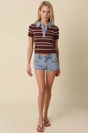 Brown Shyla Striped Contrast Collar Crop Top