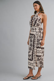 Border Print Halter Twist Neck Wrap Style Midi Dress