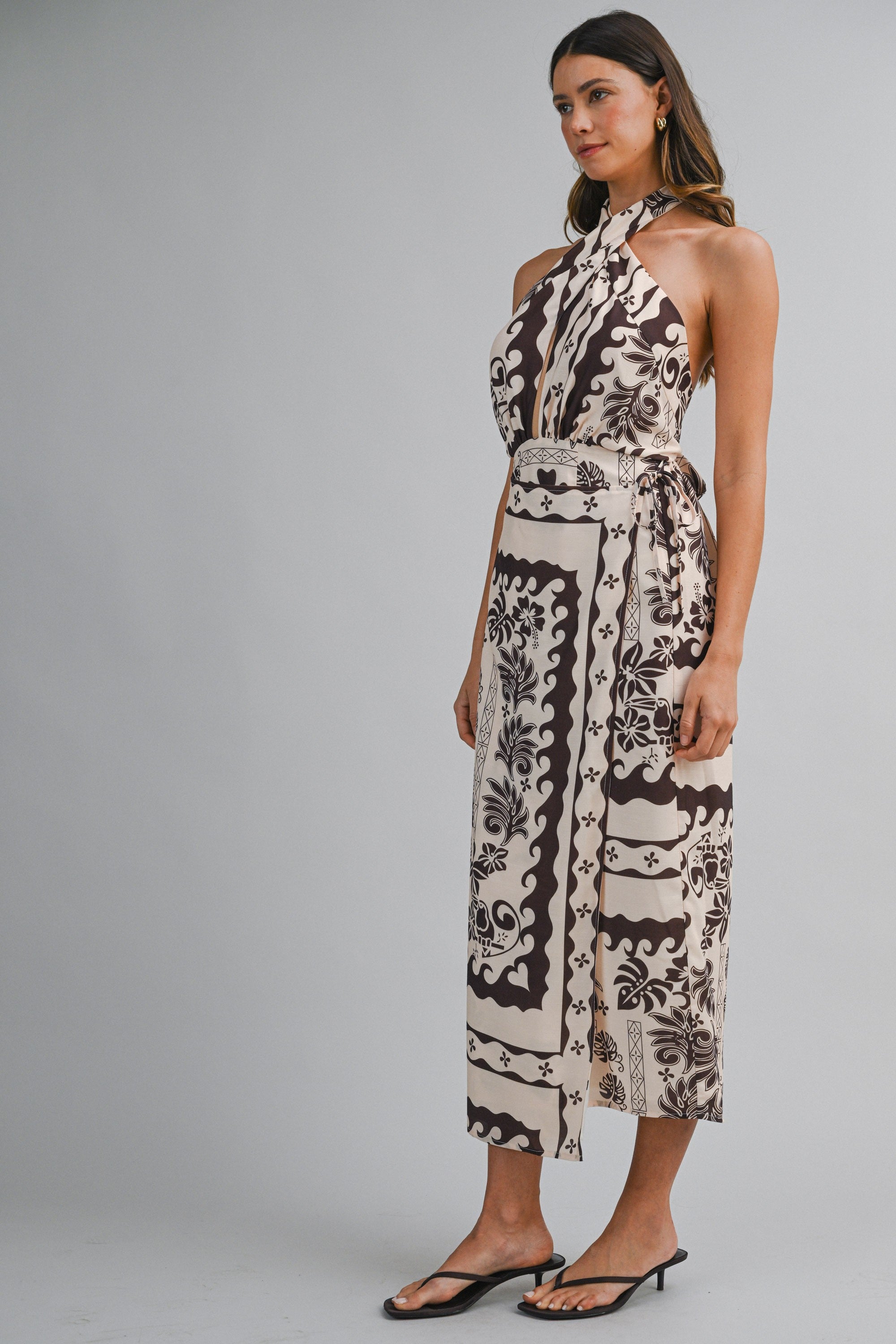 Border Print Halter Twist Neck Wrap Style Midi Dress
