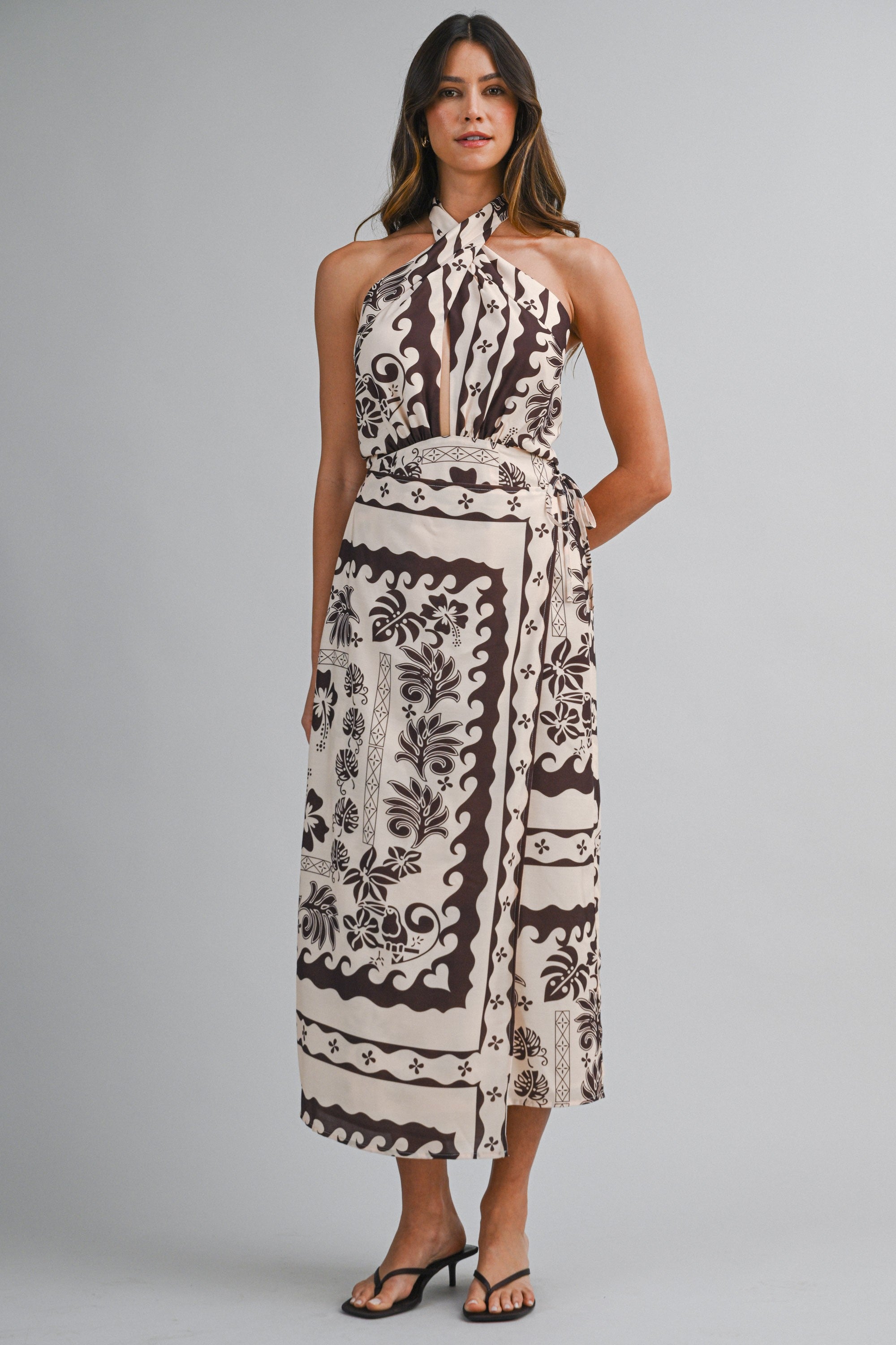 Border Print Halter Twist Neck Wrap Style Midi Dress