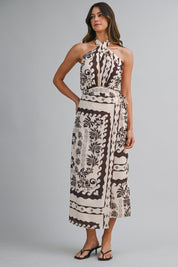 Border Print Halter Twist Neck Wrap Style Midi Dress